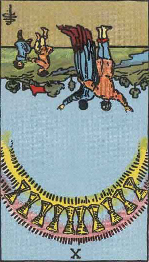 The Reversed Ten Of Cups Tarot Card From The Rider-Waite Tarot Deck.