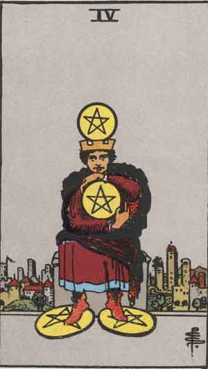The Four Of Pentacles Tarot Card From The Rider-Waite Tarot Deck.