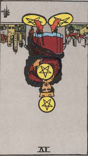 The Reversed Four Of Pentacles Tarot Card From The Rider-Waite Tarot Deck.