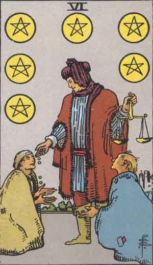 The Six Of Pentacles Tarot Card From The Rider-Waite Tarot Deck.