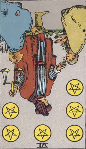 The Reversed Six Of Pentacles Tarot Card From The Rider-Waite Tarot Deck.