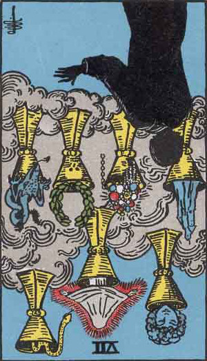 The Reversed Seven Of Cups Tarot Card From The Rider-Waite Tarot Deck.