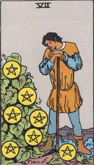 The Seven Of Pentacles Tarot Card From The Rider-Waite Tarot Deck.