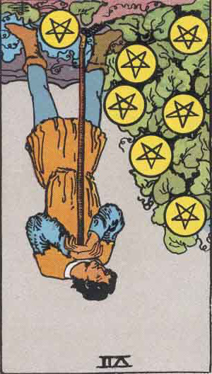 The Reversed Seven Of Pentacles Tarot Card From The Rider-Waite Tarot Deck.