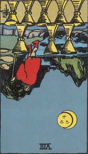 The Reversed Eight Of Cups Tarot Card From The Rider-Waite Tarot Deck.