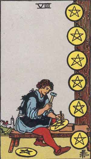 The Eight Of Pentacles Tarot Card From The Rider-Waite Tarot Deck.