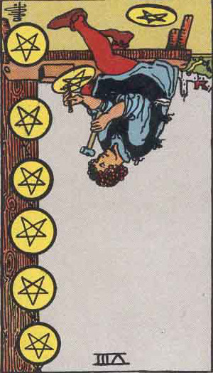 The Reversed Eight Of Pentacles Tarot Card From The Rider-Waite Tarot Deck.