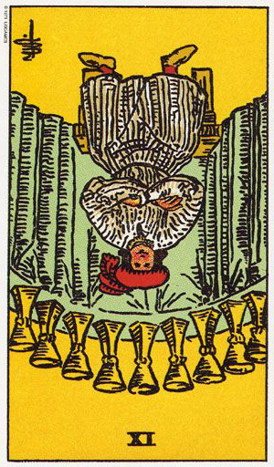 The Reversed Nine Of Cups Tarot Card From The Rider-Waite Tarot Deck.