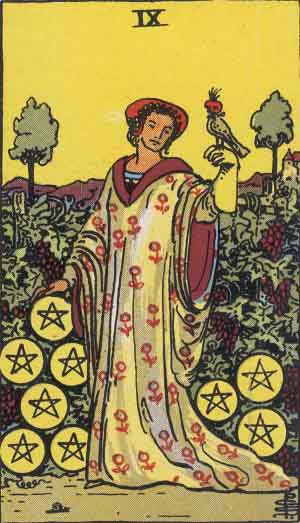 The Nine Of Pentacles Tarot Card From The Rider-Waite Tarot Deck.