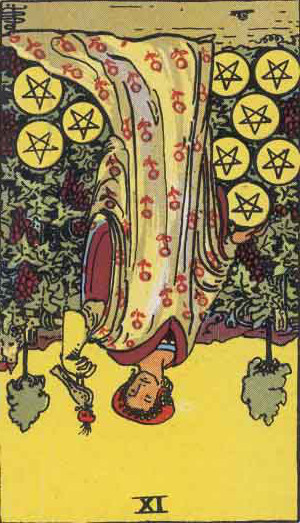 The Reversed Nine Of Pentacles Tarot Card From The Rider-Waite Tarot Deck.