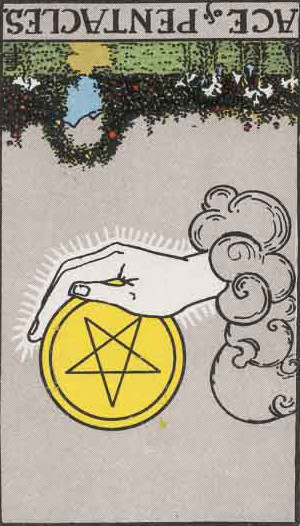 The Reversed Ace Of Pentacles Tarot Card From The Rider-Waite Tarot Deck.