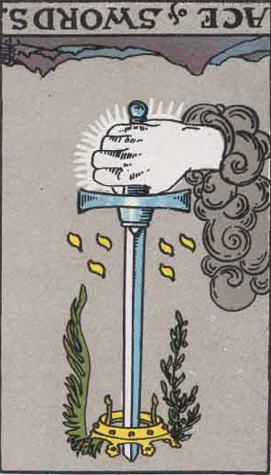 The Reversed Ace Of Swords Tarot Card From The Rider-Waite Tarot Deck.