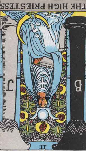 The Reversed High Priestess Tarot Card From The Rider-Waite Tarot Deck.