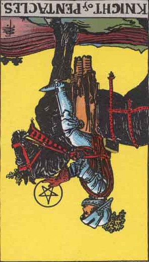 The Reversed Knight Of Pentacles Tarot Card From The Rider-Waite Tarot Deck.