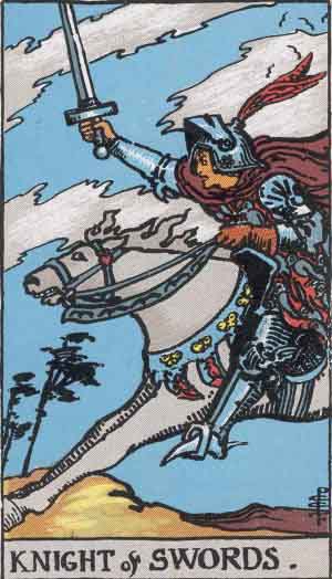 The Knight Of Swords Tarot Card From The Rider Wait Tarot Deck.