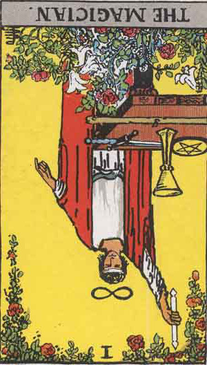 The Reversed Magician Tarot Card From The Rider-Waite Tarot Deck.