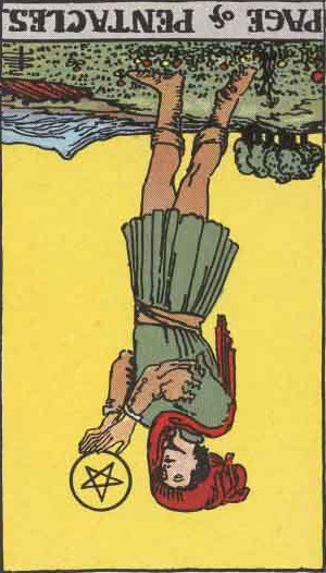 The Reversed Page Of Pentacles Tarot Card From The Rider-Waite Tarot Deck.