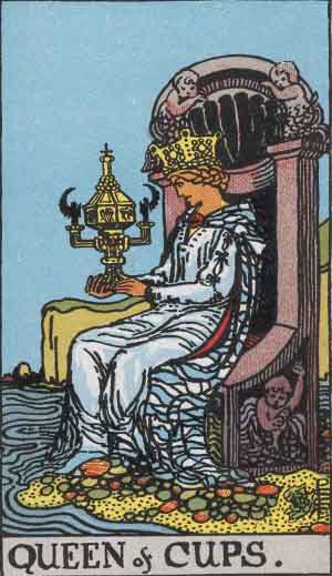 The Queen Of Cups Tarot Card From The Rider-Waite Tarot Deck.