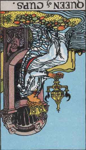 The Reversed Queen Of Cups Tarot Card From The Rider-Waite Tarot Deck.