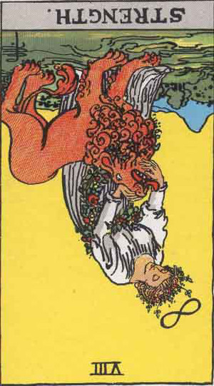 The Reversed Strength Tarot Card From The Rider-Waite Tarot Deck.