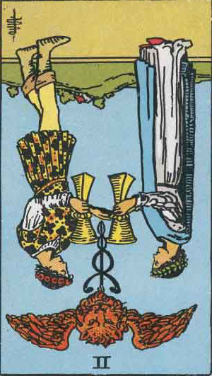 The Reversed Two Of Cups Tarot Card From The Rider-Waite Tarot Deck.