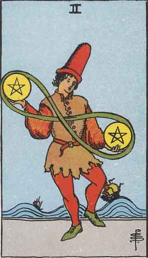 The Two Of Pentacles Tarot Card From The Rider Wait Tarot Deck.
