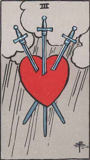The Three Of Swords Tarot Card From The Rider-Waite Tarot Deck.