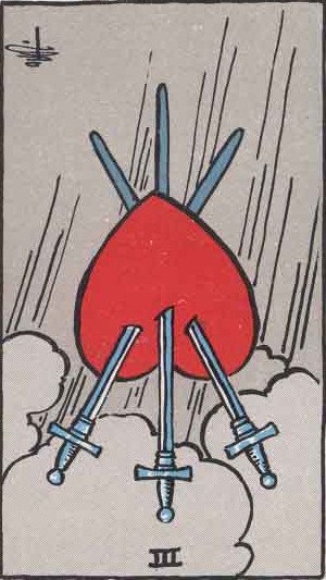 The Reversed Three Of Swords Tarot Card From The Rider-Waite Tarot Deck.