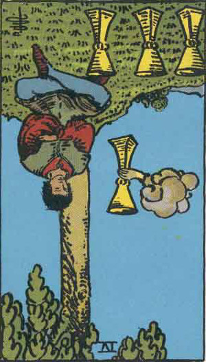 The Reversed Four Of Cups Tarot Card From The Rider-Waite Tarot Deck.