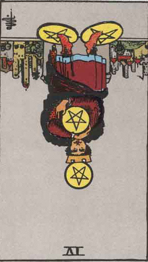 The Reversed Four Of Pentacles Tarot Card From The Rider-Waite Tarot Deck.