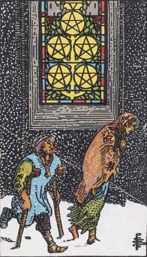 The Five Of Pentacles Tarot Card From The Rider-Waite Tarot Deck.
