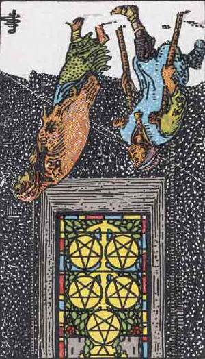 The Reversed Five Of Pentacles Tarot Card From The Rider-Waite Tarot Deck.