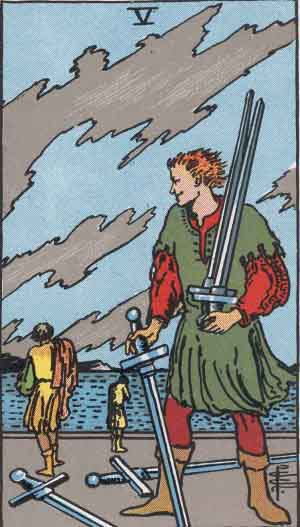 The Five Of Swords Tarot Card From The Rider-Waite Tarot Deck.