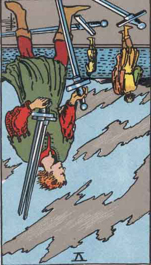 The Reversed Five Of Swords Tarot Card From The Rider-Waite Tarot Deck.