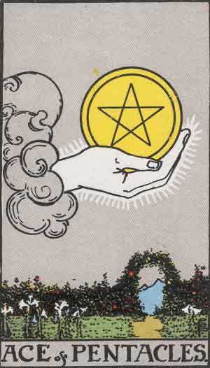 The Ace Of Pentacles Tarot Card From The Rider-Waite Tarot Deck.