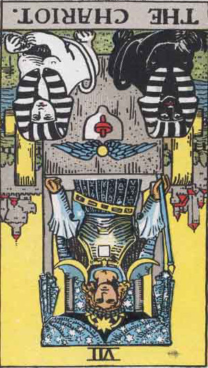 The Reversed Chariot Tarot Card From The Rider-Waite Tarot Deck.
