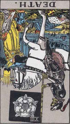 The Reversed Death Tarot Card From The Rider-Waite Tarot Deck.