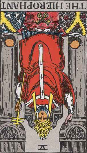 The Reversed Hierophant Tarot Card From The Rider-Waite Tarot Deck.