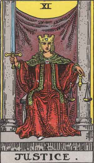 The Justice Tarot Card From The Rider-Waite Tarot Deck.