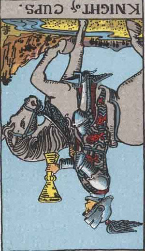 The Reversed Knight Of Cups Tarot Card From The Rider-Waite Tarot Deck.