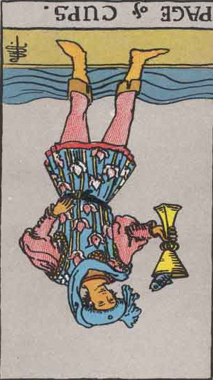 The Reversed Page Of Cups Tarot Card From The Rider-Waite Tarot Deck.