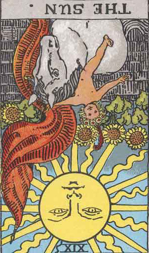 The Reversed Sun Tarot Card From The Rider-Waite Tarot Deck.