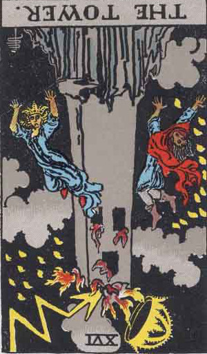The Reversed Tower Tarot Card From The Rider-Waite Tarot Deck.